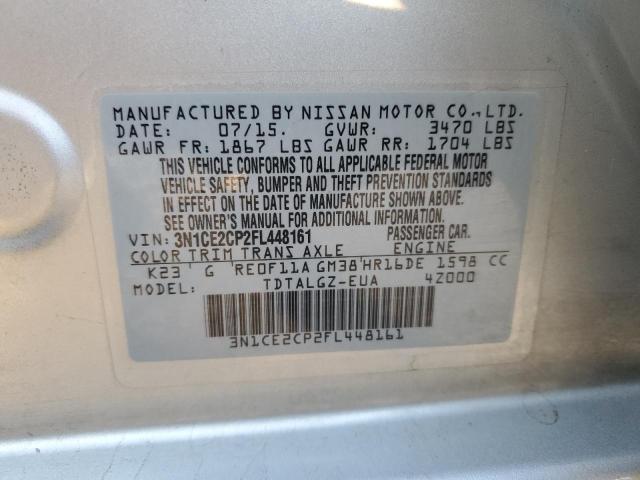 3N1CE2CP2FL448161 - 2015 NISSAN VERSA NOTE SILVER photo 10