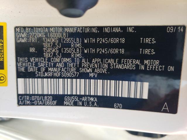 5TDJKRFH0FS090577 - 2015 TOYOTA HIGHLANDER თეთრი ფოტო 10