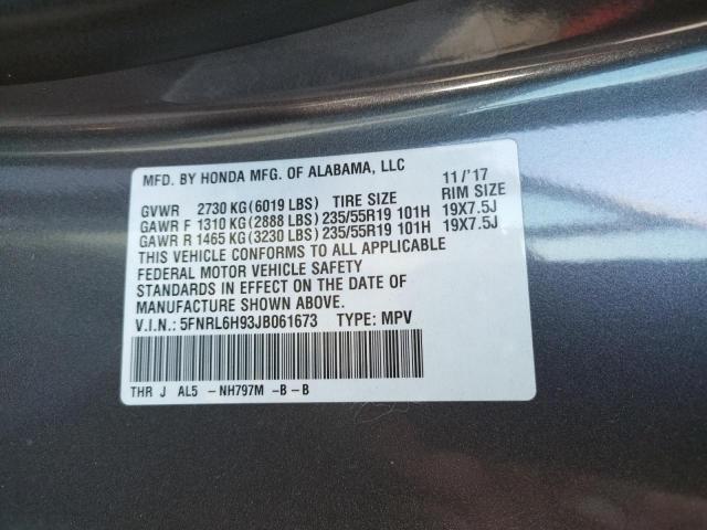 5FNRL6H93JB061673 - 2018 HONDA ODYSSEY EL CHARCOAL photo 10