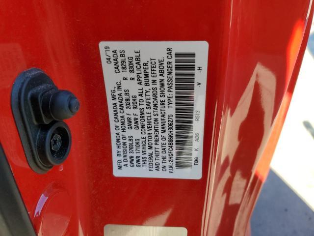 2HGFC4B86KH306275 - 2019 HONDA CIVIC SPOR أحمر صورة 12