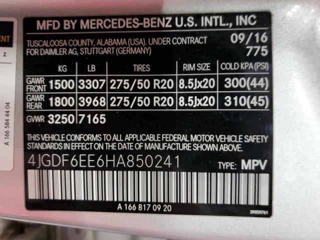 4JGDF6EE6HA850241 - 2017 MERCEDES-BENZ GLS 450 4M SILVER photo 10