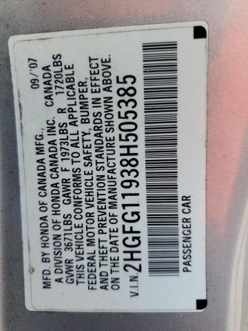 2HGFG11938H505385 - 2008 HONDA CIVIC EXL فضي صورة 12