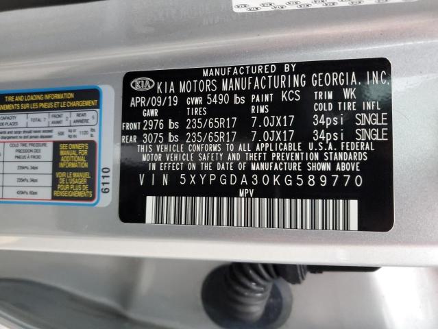 5XYPGDA30KG589770 - 2019 KIA SORENTO L SILVER photo 10