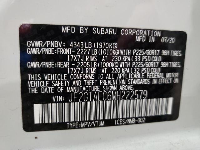 JF2GTAEC6MH222579 - 2021 SUBARU CROSSTREK WHITE photo 10