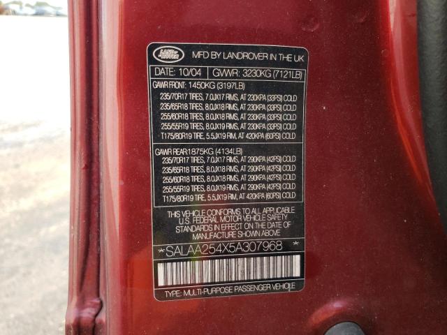 SALAA254X5A307968 - 2005 LAND ROVER LR3 MAROON photo 10