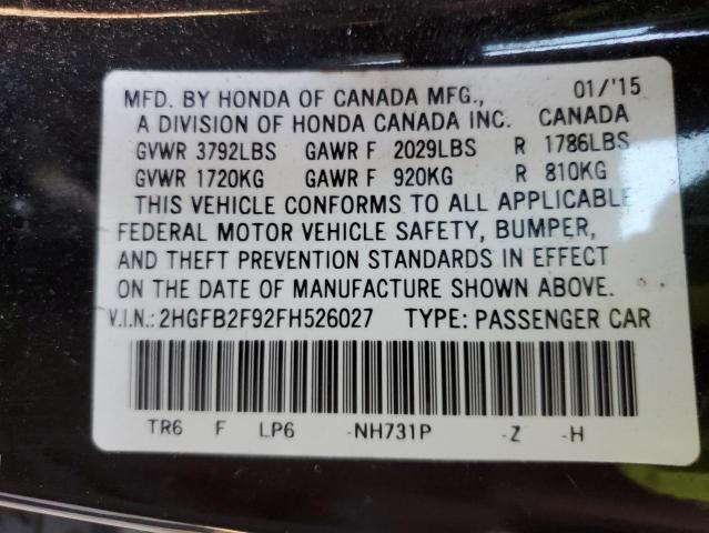 2HGFB2F92FH526027 - 2015 HONDA CIVIC EXL Qara foto 12