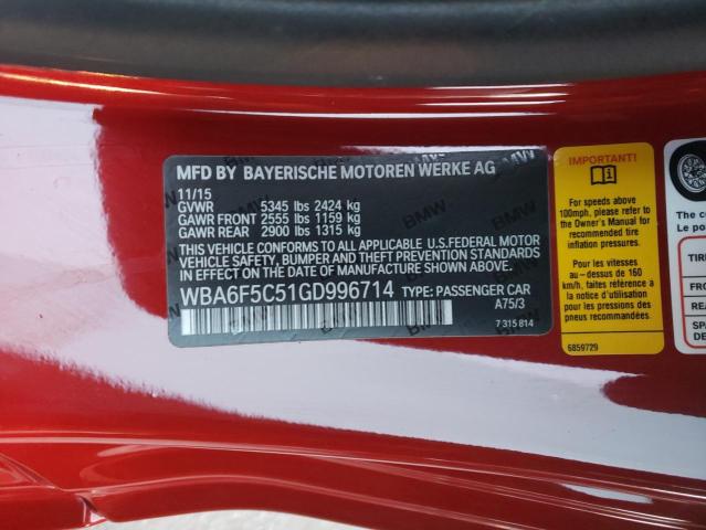 WBA6F5C51GD996714 - 2016 BMW 650 I RED photo 10