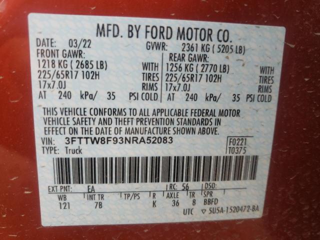 3FTTW8F93NRA52083 - 2022 FORD MAVERICK X RED photo 10