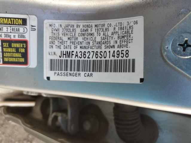 JHMFA36276S014958 - 2006 HONDA CIVIC HYBR SILVER photo 12