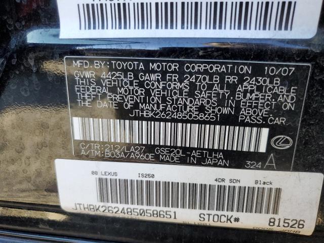 JTHBK262485058651 - 2008 LEXUS IS 250 BLACK photo 12