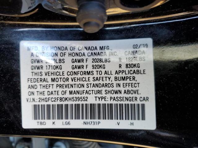 2HGFC2F80KH539552 - 2019 HONDA CIVIC SPOR 黑色 照片 12