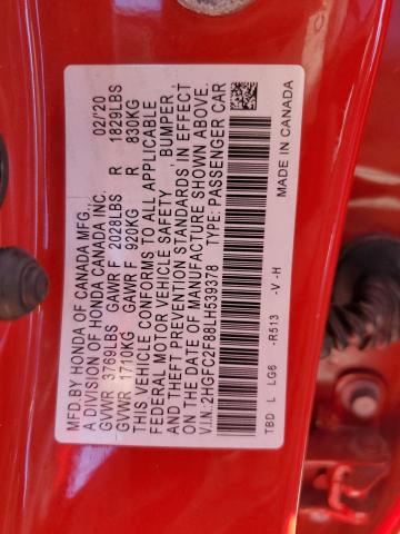 2HGFC2F88LH539378 - 2020 HONDA CIVIC SPOR RED photo 10