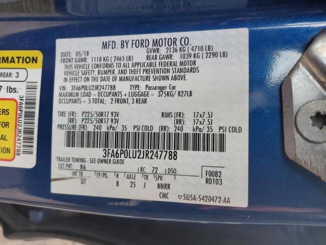 3FA6P0LU2JR247788 - 2018 FORD FUSION SE BLUE photo 10