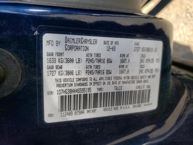 1D7HG38NX4S595195 - 2004 DODGE DAKOTA QUA BLUE photo 10