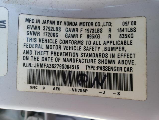 JHMFA36279S004516 - 2009 HONDA CIVIC HYBR WHITE photo 10