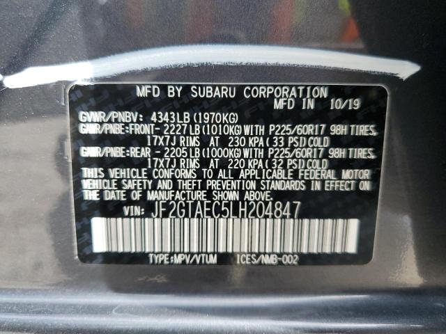 JF2GTAEC5LH204847 - 2020 SUBARU CROSSTREK GRAY photo 10