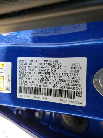 2HGFE2F52NH516407 - 2022 HONDA CIVIC SPOR BLUE photo 10