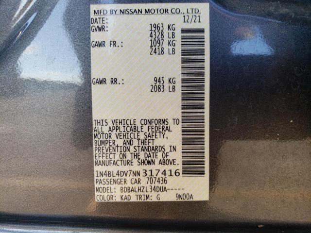 1N4BL4DV7NN317416 - 2022 NISSAN ALTIMA SV GRAY photo 10