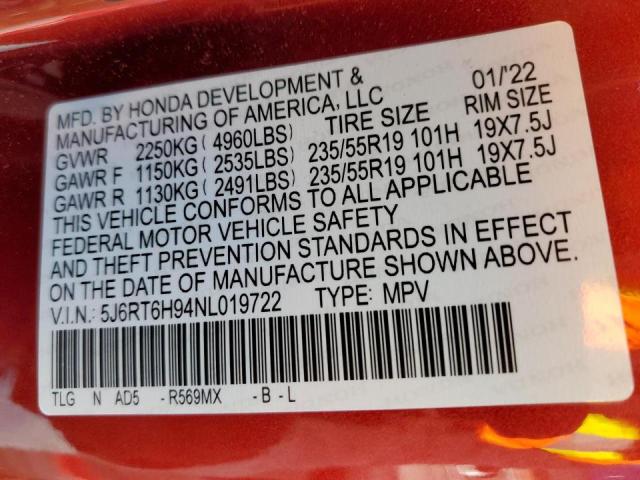 5J6RT6H94NL019722 - 2022 HONDA CR-V TOURI RED photo 13