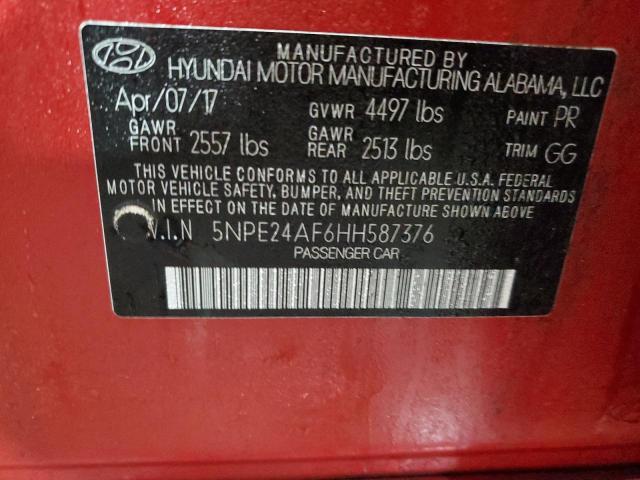 5NPE24AF6HH587376 - 2017 HYUNDAI SONATA SE RED photo 10