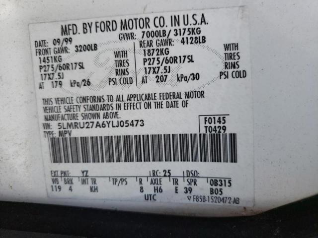 5LMRU27A6YLJ05473 - 2000 LINCOLN NAVIGATOR თეთრი ფოტო 10