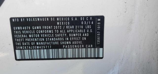 3VW2K7AJ3EM425717 - 2014 VOLKSWAGEN JETTA BASE WHITE photo 10