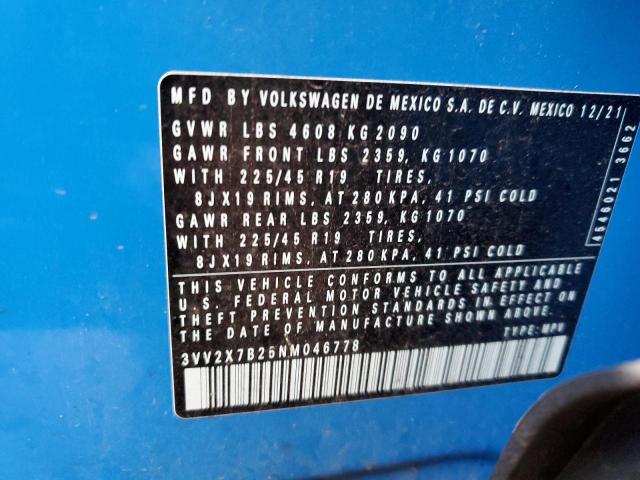 3VV2X7B25NM046778 - 2022 VOLKSWAGEN TAOS SEL BLUE photo 13