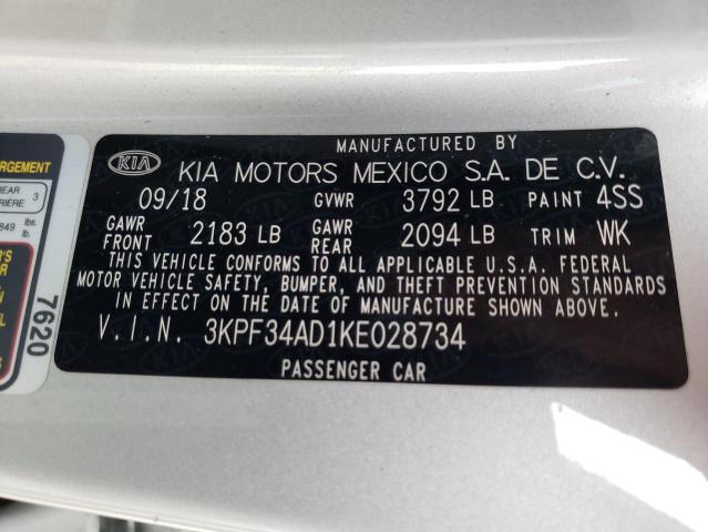 3KPF34AD1KE028734 - 2019 KIA FORTE GT L SILVER photo 12