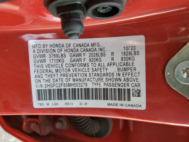 2HGFC2F80MH503279 - 2021 HONDA CIVIC SPOR 红色 照片 10
