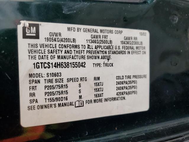 1GTCS14H638155042 - 2003 GMC SONOMA GREEN photo 13