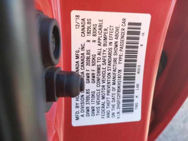 2HGFC2F89KH518778 - 2019 HONDA CIVIC SPOR RED photo 12