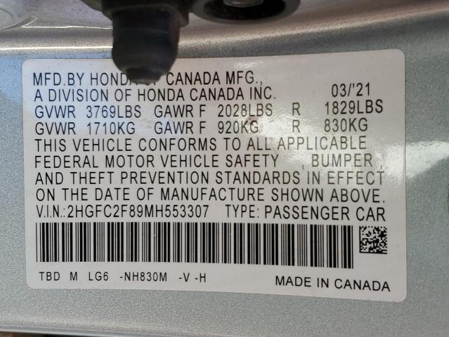 2HGFC2F89MH553307 - 2021 HONDA CIVIC SPOR 灰色 照片 12