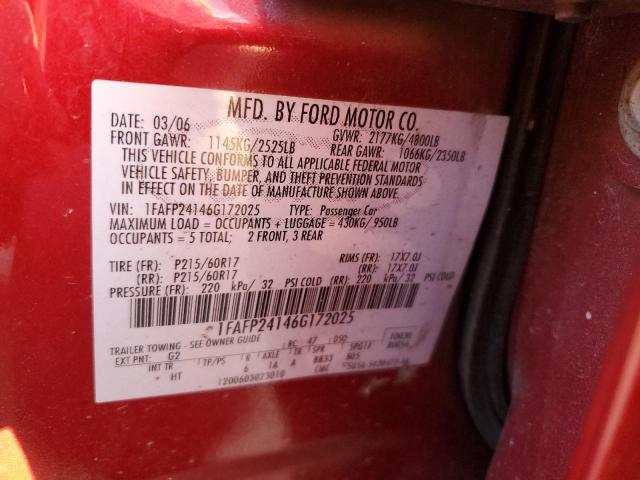 1FAFP24146G172025 - 2006 FORD FIVE HUNDR RED photo 12