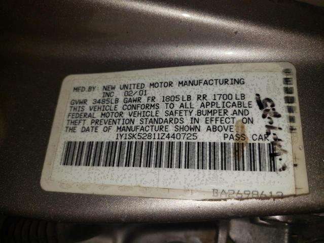 1Y1SK52811Z440725 - 2001 CHEVROLET GEO PRIZM 米色 照片 10