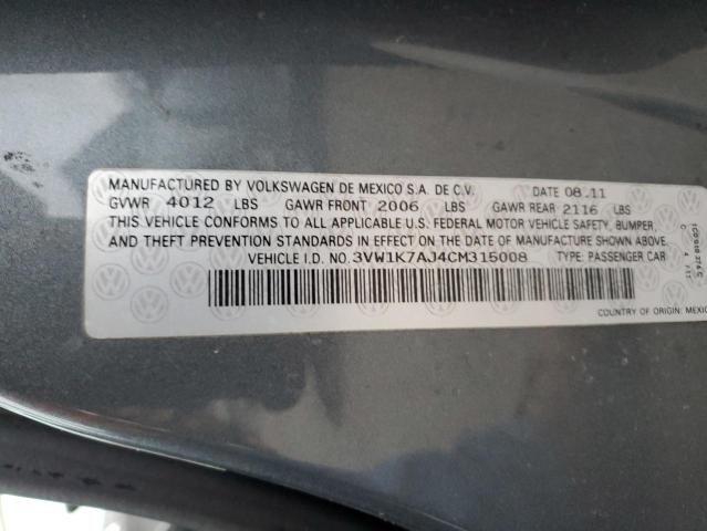 3VW1K7AJ4CM315008 - 2012 VOLKSWAGEN JETTA BASE GRAY photo 12