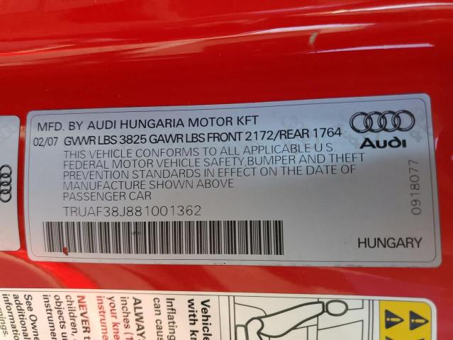 TRUAF38J881001362 - 2008 AUDI TT 2.0T RED photo 12