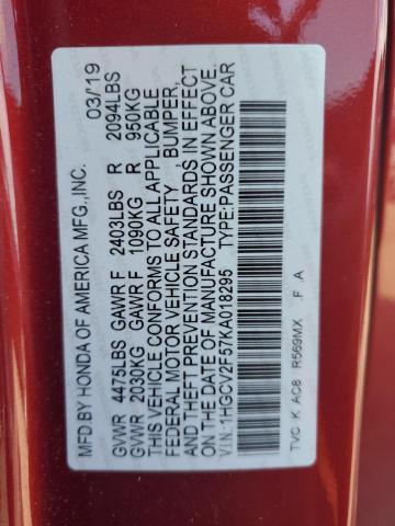 1HGCV2F57KA018295 - 2019 HONDA ACCORD EXL RED photo 12