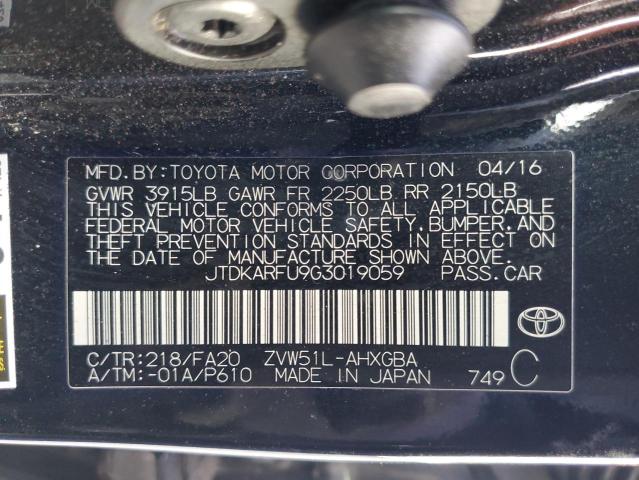 JTDKARFU9G3019059 - 2016 TOYOTA PRIUS BLACK photo 12