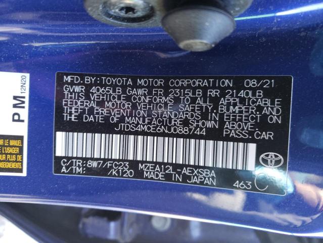 JTDS4MCE6NJ088744 - 2022 TOYOTA COROLLA SE BLUE photo 10