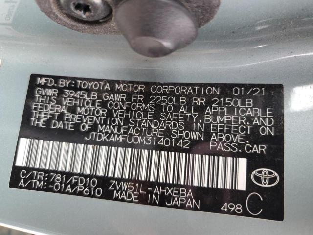 JTDKAMFU0M3140142 - 2021 TOYOTA PRIUS SPEC TEAL photo 12