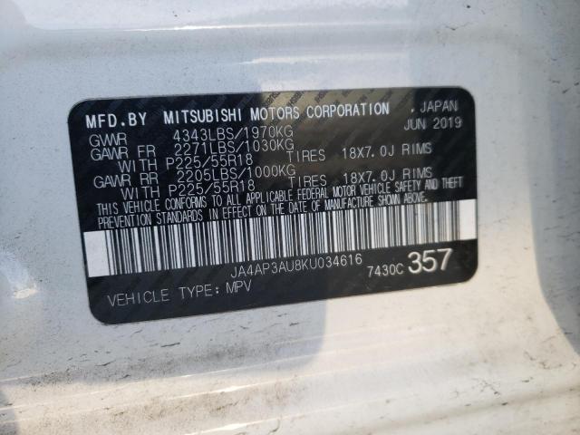 JA4AP3AU8KU034616 - 2019 MITSUBISHI OUTLANDER თეთრი ფოტო 13