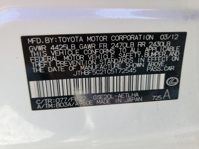 JTHBF5C21C5172545 - 2012 LEXUS IS 250 WHITE photo 12