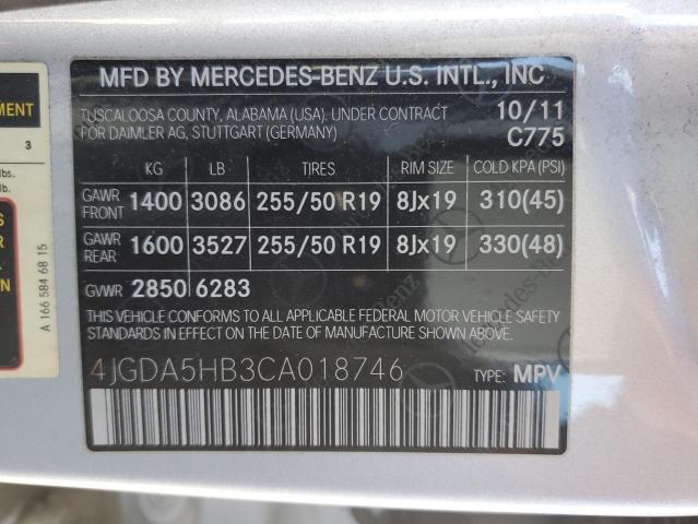 4JGDA5HB3CA018746 - 2012 MERCEDES-BENZ ML 350 4MA SILVER photo 13