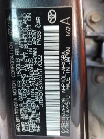 JTDKDTB31C1517022 - 2012 TOYOTA PRIUS C GRAY photo 12