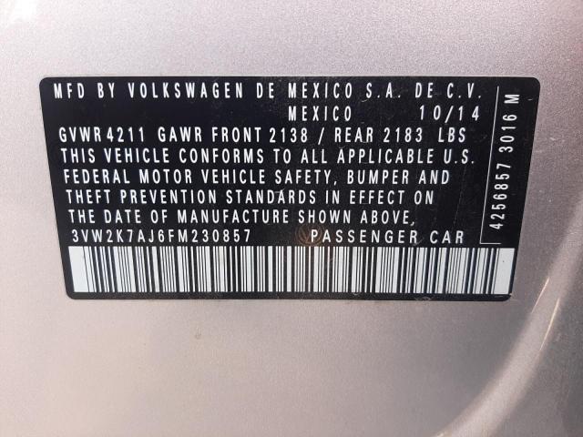 3VW2K7AJ6FM230857 - 2015 VOLKSWAGEN JETTA BASE 银色 照片 12