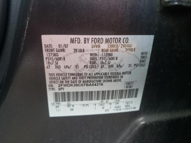 2FMDK39C07BA54316 - 2007 FORD EDGE SEL P BLACK photo 10