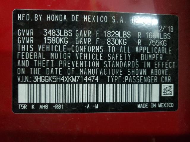 3HGGK5H4XKM714474 - 2019 HONDA FIT LX RED photo 12