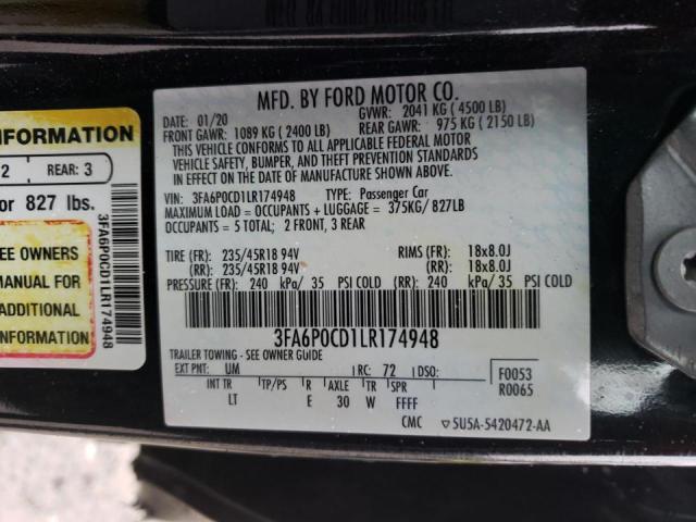 3FA6P0CD1LR174948 - 2020 FORD FUSION SEL BLACK photo 12