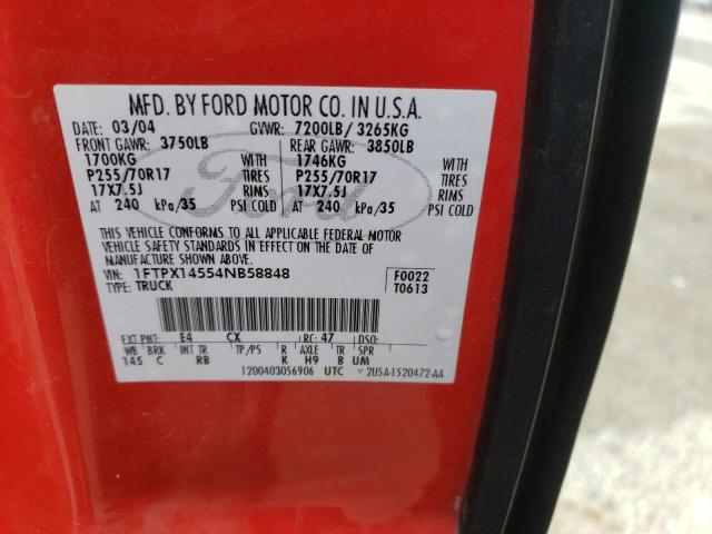 1FTPX14554NB58848 - 2004 FORD F150 RED photo 12
