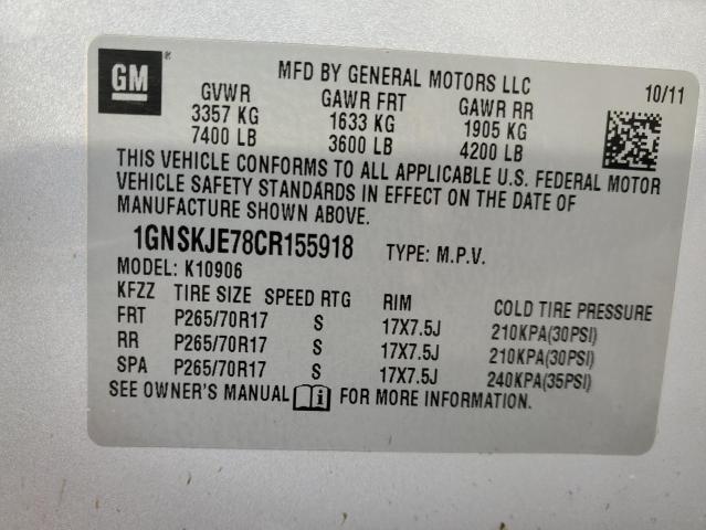 1GNSKJE78CR155918 - 2012 CHEVROLET SUBURBAN K SILVER photo 13